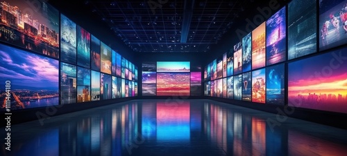 Futuristic Gallery Technology with Digital Screens Multimedia Art Streaming and Communication