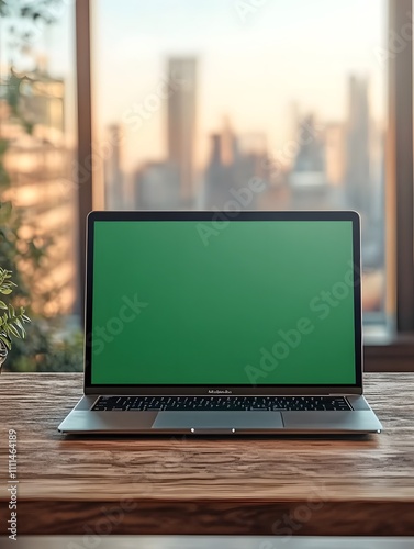 Green screen laptop. Close up shot of modern chroma key green screen laptop computer set up for work on desk. remote work, technology concept. chromakey laptop.