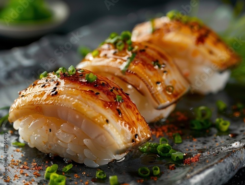 Seared Akagai Nigiri, Japanese Nigiri dark background, detailed setting food photo photo