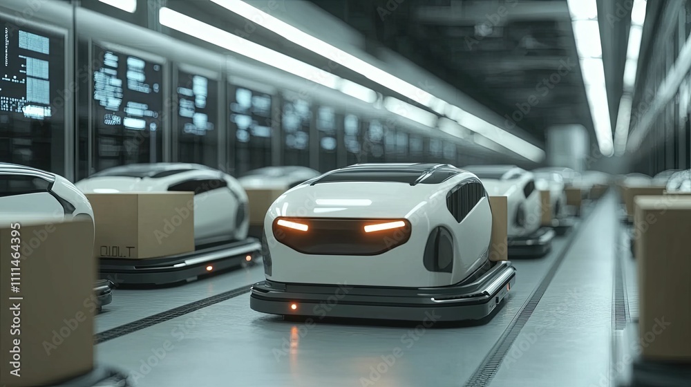 Automated Vehicles Transporting Packages In Warehouse Automated Vehicles Transporting Packages In Warehouse