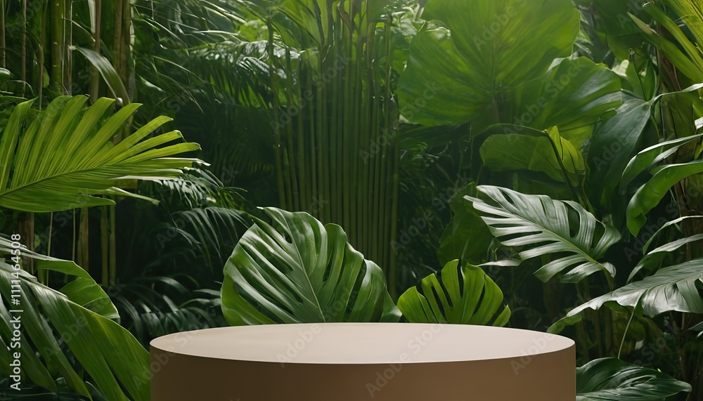 Wooden podium in tropical forest background for product presentation 3 Wooden podium in tropical forest background for product presentation 3