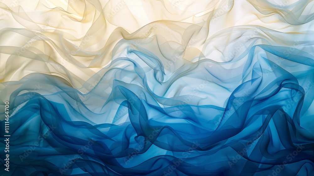 Obraz premium Smooth elegant blue and beige gradient chiffon fabric forming abstract waves, ideal for backgrounds and textures