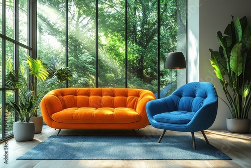 Modern Scandinavian Living Room with Bright Blue Armchair and Orange Sofa in Airy Minimalist Decor