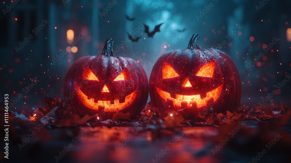 Spooky Halloween Scene with Carved Jack O Lantern Pumpkins and Bats on Wooden Table at Night
