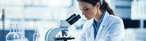 A focused female scientist examining samples through a microscope in a modern laboratory, showcasing the essence of scientific research and discovery.