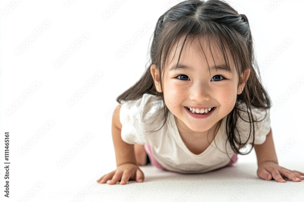 A cute Japanese girl child wearing white , crawling on the floor and smiling at the camera. The background is white with space for text or product display A cute Japanese girl child wearing white , crawling on the floor and smiling at the camera. The background is white with space for text or product display