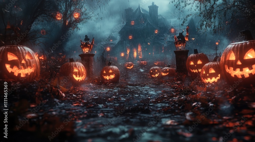 Spooky Halloween Scene with Glowing Jack-O'-Lanterns and Eerie Night Landscape with Bats Spooky Halloween Scene with Glowing Jack-O'-Lanterns and Eerie Night Landscape with Bats