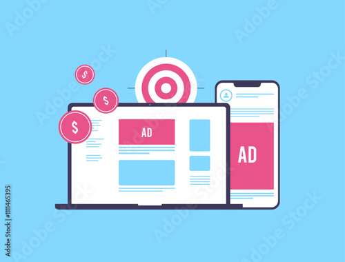 Programmatic Advertising digital strategy. Cross-device ads for targeted audiences. Mobile screens with banners for effective marketing. Digital campaigns to increase brand engagement illustration