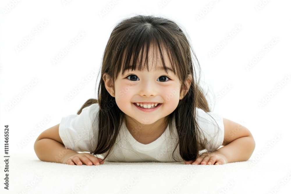 A cute Japanese girl child wearing white , crawling on the floor and smiling at the camera. The background is white with space for text or product display A cute Japanese girl child wearing white , crawling on the floor and smiling at the camera. The background is white with space for text or product display