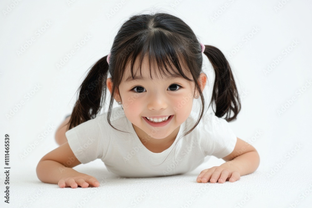 A cute Japanese girl child wearing white , crawling on the floor and smiling at the camera. The background is white with space for text or product display A cute Japanese girl child wearing white , crawling on the floor and smiling at the camera. The background is white with space for text or product display