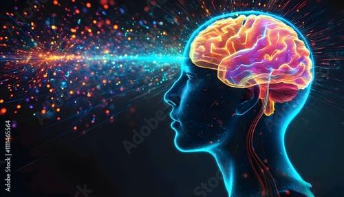 3D illustration of a human brain and skull in an abstract blue medical x-ray style photo