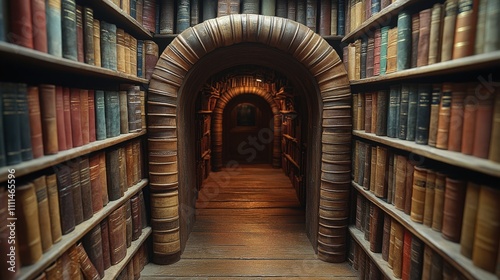 Enchanting Library Passageway Surrounded by Old Books and Intricate Design in a Mysterious Atmosphere Evoking Curiosity and Discovery