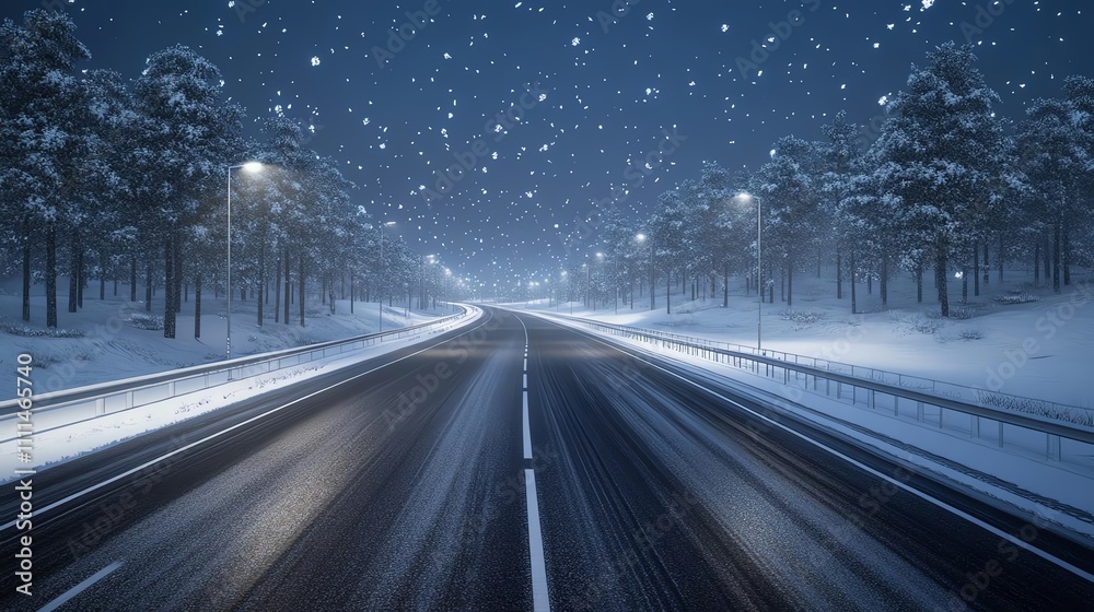 Snowy night road through winter forest scenery. Snowy night road through winter forest scenery.
