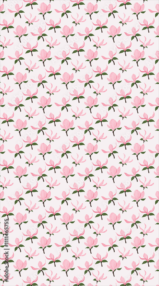 Delicate Pink Magnolia Blossom Illustration: A Springtime Floral Pattern Design. AI Generated