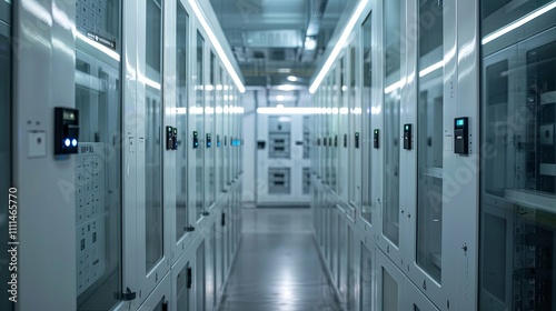 Modern Data Center Server Room Corridor with Access Control Panels
