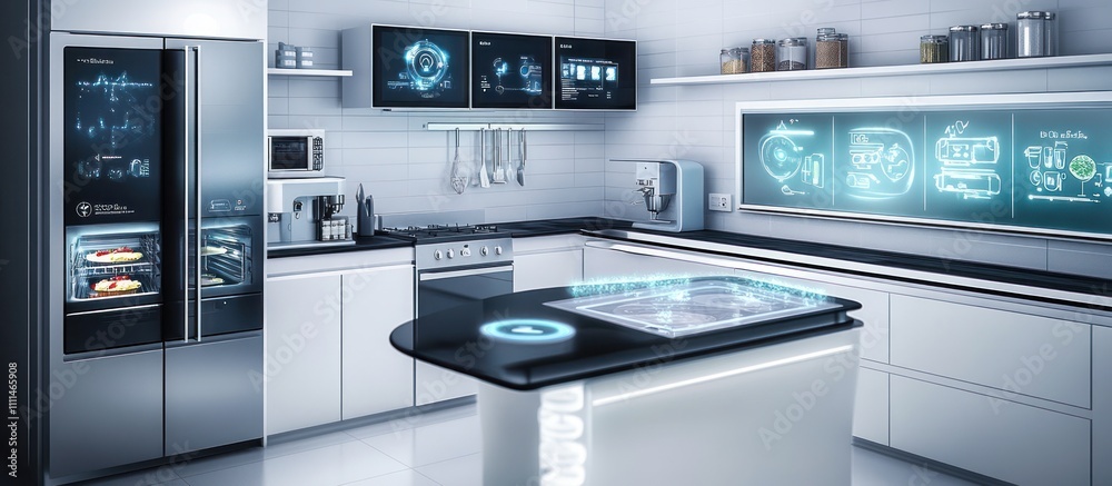 Futuristic kitchen with modern appliances and smart technology. Futuristic kitchen with modern appliances and smart technology.