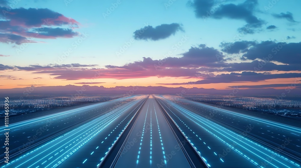 Futuristic highways stretching to horizon at sunset. Futuristic highways stretching to horizon at sunset.