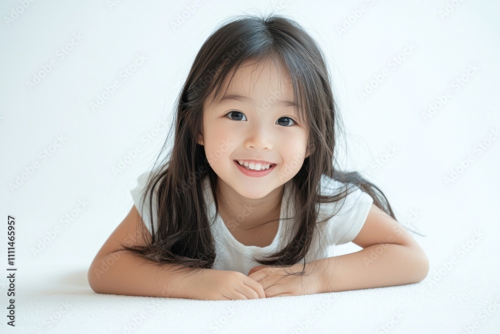 A cute Japanese girl child wearing white , crawling on the floor and smiling at the camera. The background is white with space for text or product display A cute Japanese girl child wearing white , crawling on the floor and smiling at the camera. The background is white with space for text or product display