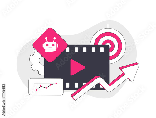 Video Ads Optimization with AI. Use AI tools to automatically optimize video ads for better targeting and performance. Vector Illustration of video analytics and AI adjusting ad placement