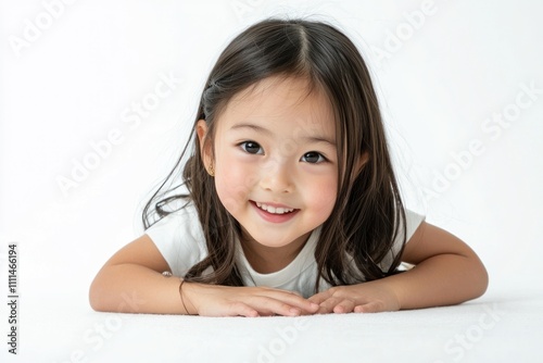 A cute Japanese girl child wearing white , crawling on the floor and smiling at the camera. The background is white with space for text or product display