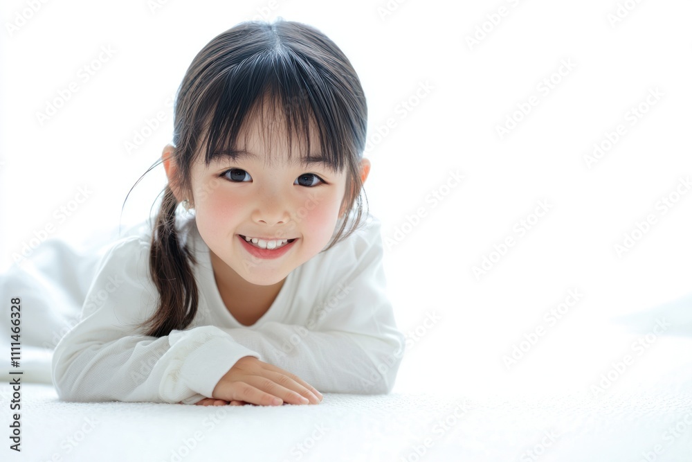 A cute Japanese girl child wearing white , crawling on the floor and smiling at the camera. The background is white with space for text or product display A cute Japanese girl child wearing white , crawling on the floor and smiling at the camera. The background is white with space for text or product display