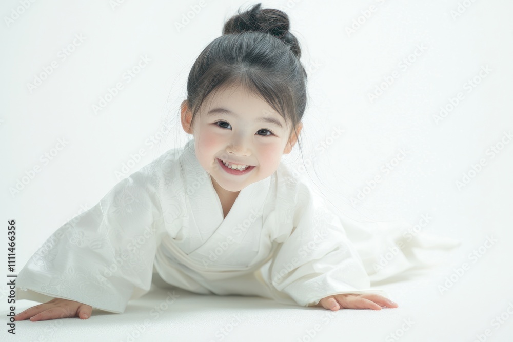 A cute Japanese girl child wearing white , crawling on the floor and smiling at the camera. The background is white with space for text or product display A cute Japanese girl child wearing white , crawling on the floor and smiling at the camera. The background is white with space for text or product display