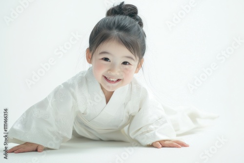 A cute Japanese girl child wearing white , crawling on the floor and smiling at the camera. The background is white with space for text or product display