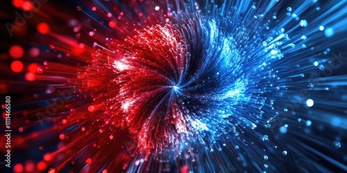 3D Abstract Red Blue Background Vortex Technological Concept, Fiber Optic Particles (Depth of field)