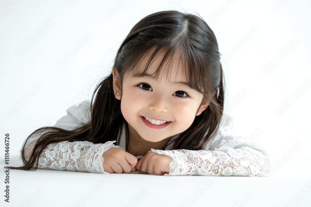 A cute Japanese girl child wearing white , crawling on the floor and smiling at the camera. The background is white with space for text or product display A cute Japanese girl child wearing white , crawling on the floor and smiling at the camera. The background is white with space for text or product display