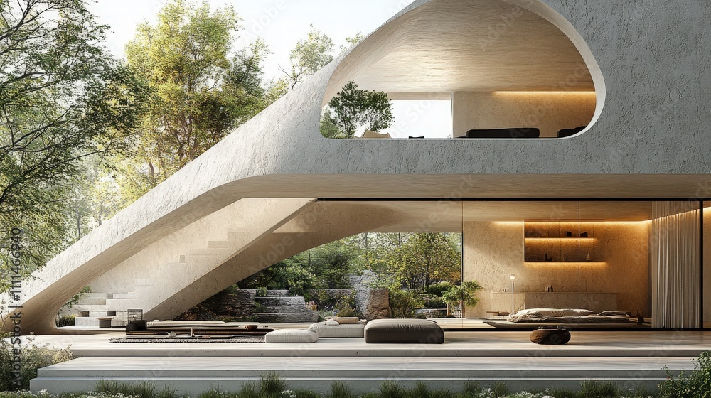 Fototapeta premium Modern Architectural Masterpiece Featuring Unique Curved Design and Seamless Indoor-Outdoor Living Amidst Lush Greenery and Natural Light