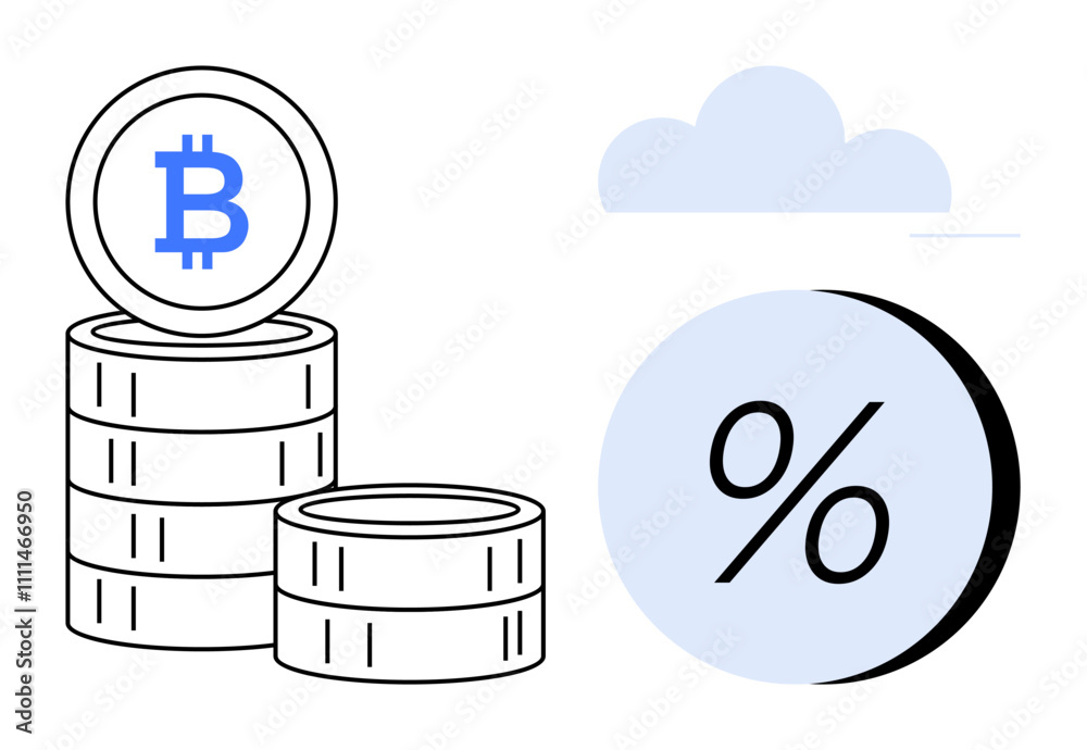 Cryptocurrency coins with Bitcoin logo stacked alongside a large percentage sign and cloud. Ideal for financial services, fintech, cryptocurrency, bitcoin trends, economic analysis, investment Cryptocurrency coins with Bitcoin logo stacked alongside a large percentage sign and cloud. Ideal for financial services, fintech, cryptocurrency, bitcoin trends, economic analysis, investment