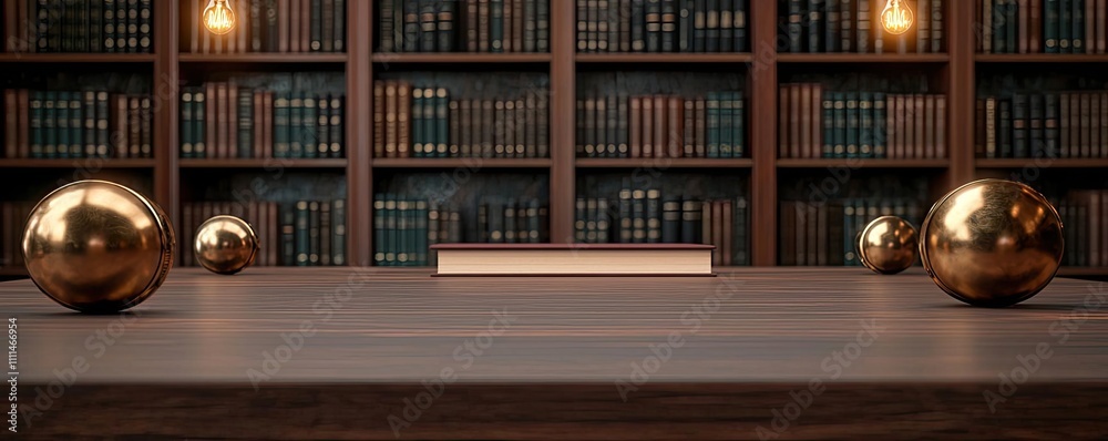 Elegant office setting with polished table, bookshelves, and decorative elements. Elegant office setting with polished table, bookshelves, and decorative elements.