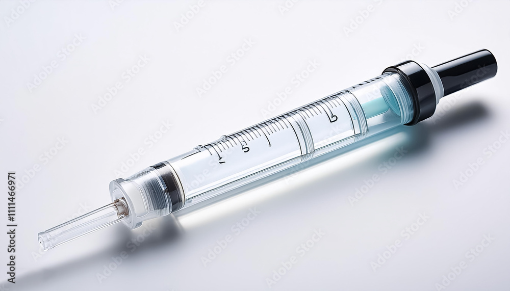 A simple syringe with transparent liquid inside on a white background A simple syringe with transparent liquid inside on a white background