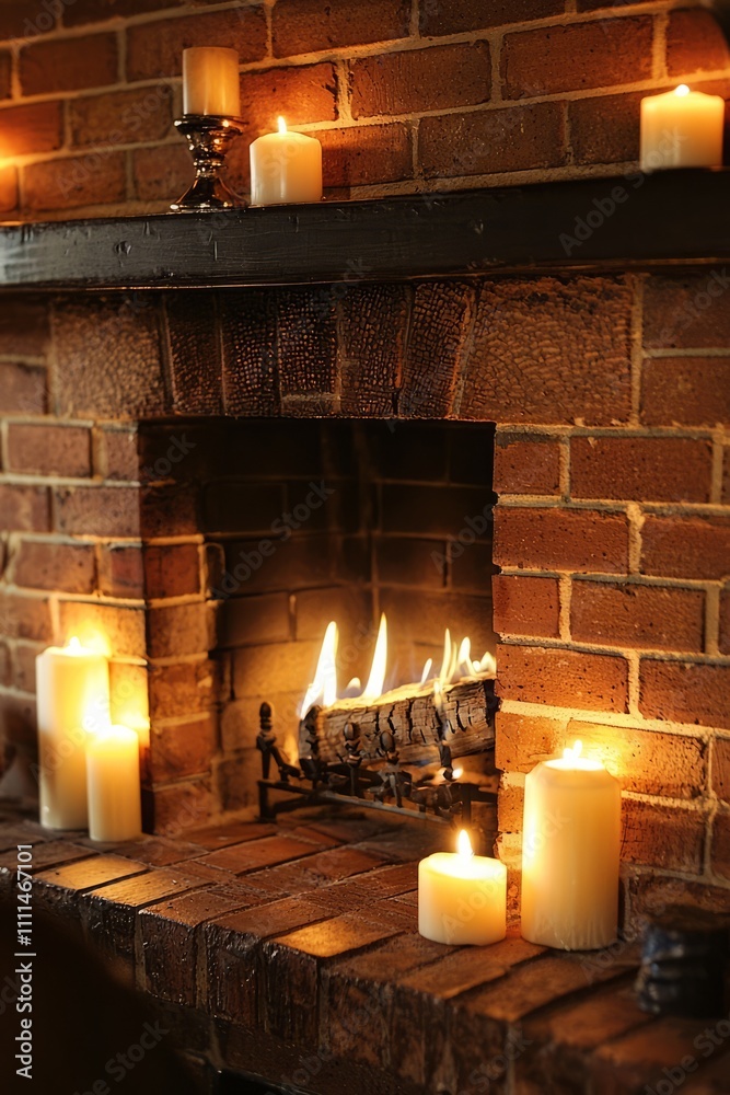 A traditional brick fireplace with a few candles on the mantel. The flames flicker softly A traditional brick fireplace with a few candles on the mantel. The flames flicker softly