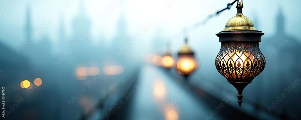 Lanterns glowing in foggy ambiance, creating a mystical atmosphere.
