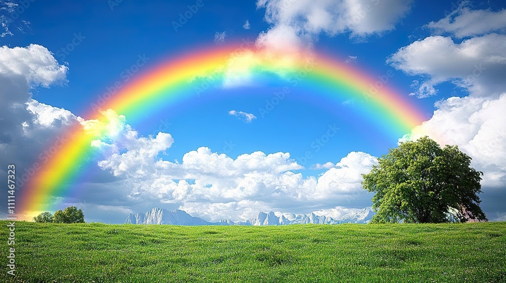 Rainbow Arcing Over Green Field And Mountains Rainbow Arcing Over Green Field And Mountains