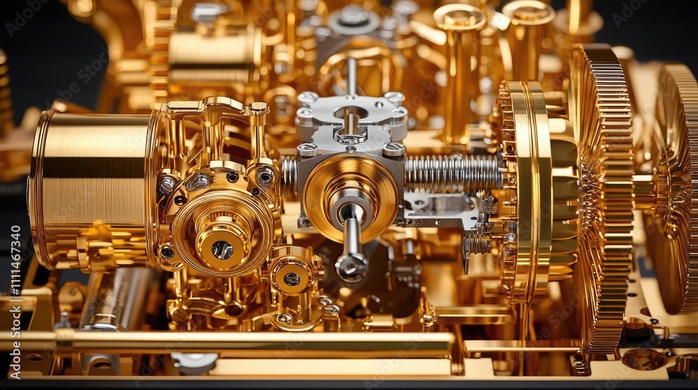 Fototapeta premium Detailed view of a gold metal mechanical engine components, isolated.