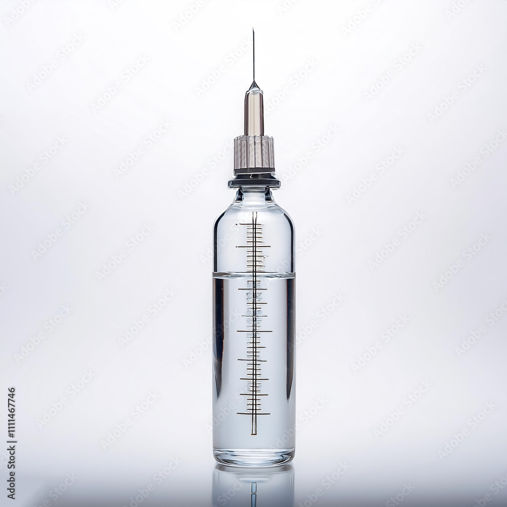 A simple syringe with transparent liquid inside on a white background A simple syringe with transparent liquid inside on a white background