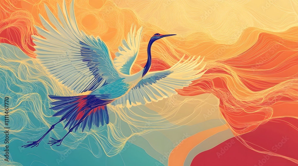 Fototapeta premium Elegant Crane in Flight Soaring Through Abstract Landscape