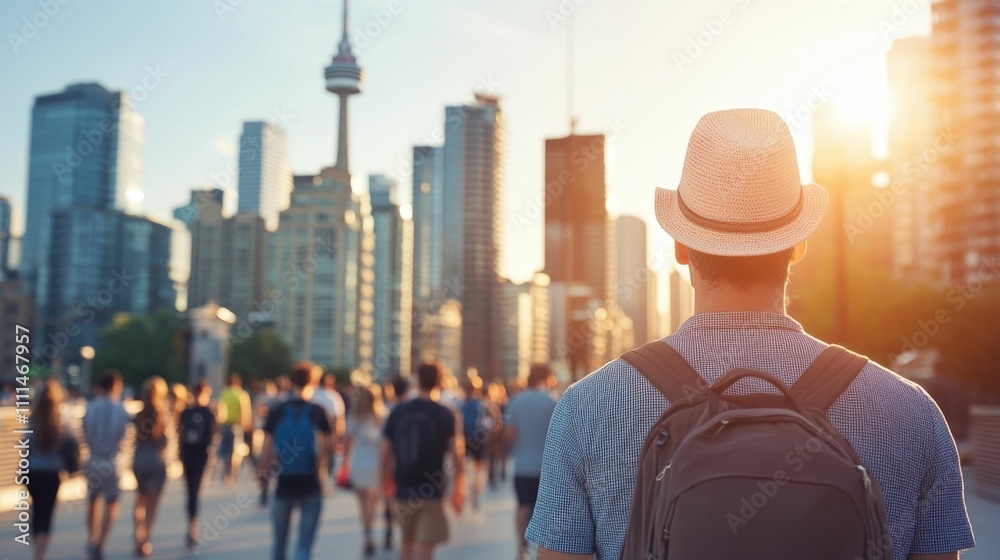 Iconic city skyline with people exploring the bustling dynamic metropolis on a sunny day Iconic city skyline with people exploring the bustling dynamic metropolis on a sunny day