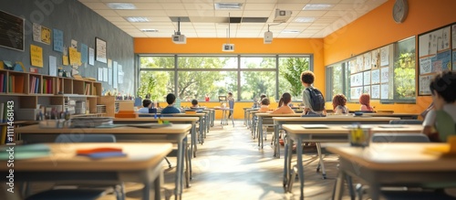 Empty classroom with desks, chairs, and a large window with bright sunlight shining through.