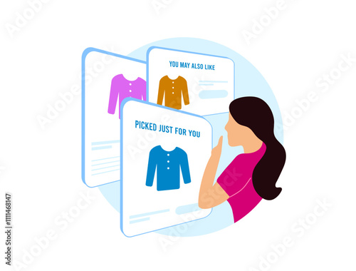 AI-Generated Predictive Product Recommendations. Young girl with predictive product recommendations based on browsing behavior. Product suggestions dynamically appearing on website vector illustration