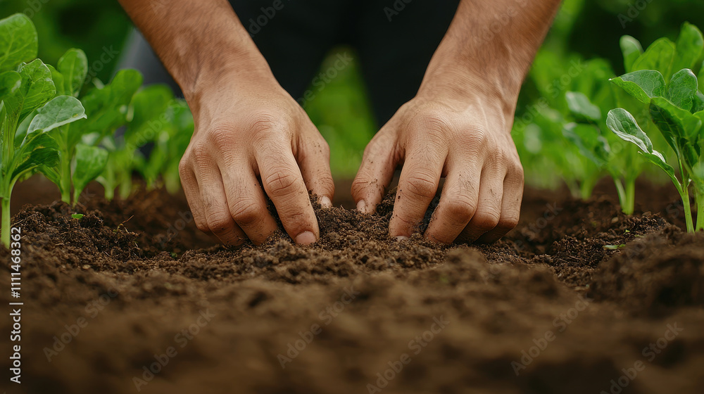 Planting seeds in rich soil surrounded by fresh green lettuce