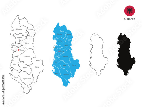 4 style of Albania map vector illustration have all province and mark the capital city of Cambodia. By thin black outline simplicity style and dark shadow style.