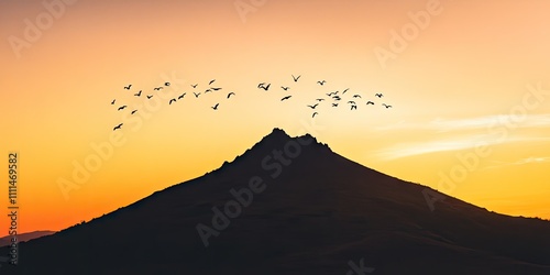 A flock of birds soaring over a mountain peak, silhouetted against the brightening sky of a summer morning. 