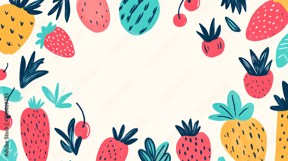 A vibrant, hand-drawn illustration of assorted fruits, including strawberries and pineapples, arranged in a colorful border around a blank center. A vibrant, hand-drawn illustration of assorted fruits, including strawberries and pineapples, arranged in a colorful border around a blank center.