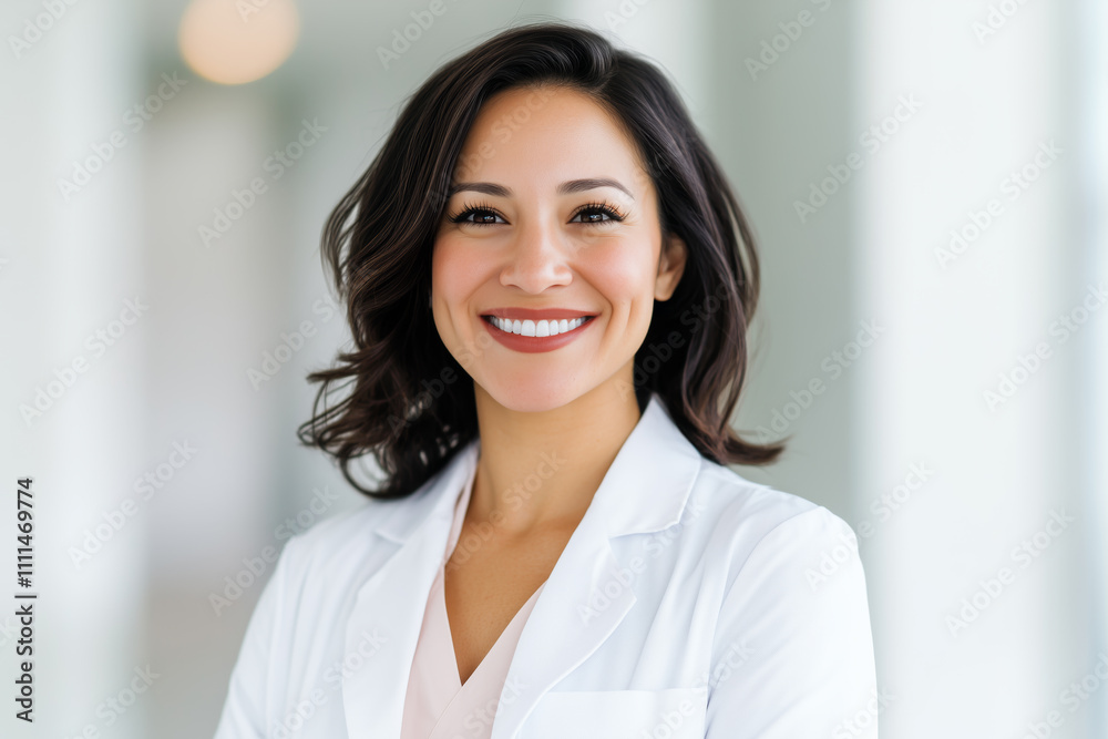A smiling Latina woman with dark, wavy hair, dressed in a professional white coat, standing in a bright indoor space with a blurred background A smiling Latina woman with dark, wavy hair, dressed in a professional white coat, standing in a bright indoor space with a blurred background