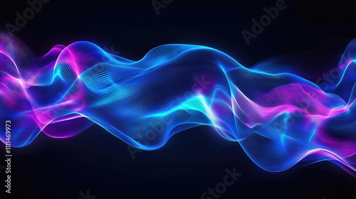 Colorful abstract wave forms in shades of blue and pink on a dark background.