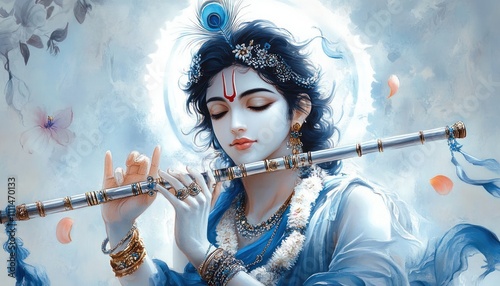 Serene Illustration of Deity Playing Flute in Watercolor for Festive Celebration of Janmashtami photo