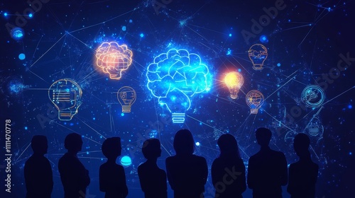 Cutting-edge technology background showcasing an innovative startup team collaborating with digital mind maps and advanced tech tools, highlighting a futuristic workspace environment and modern busine photo